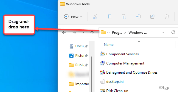 Win + E Explorador de arquivos Navegue até o caminho para abrir a pasta de ferramentas do Windows Arraste e solte na área de trabalho Min