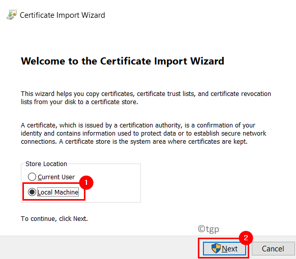 Mínimo da máquina local do assistente de importação de certificados