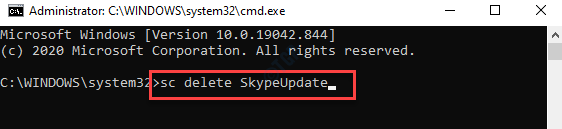 Komentorivi (järjestelmänvalvoja) Suorita komento Skypen poistamiseksi Enter