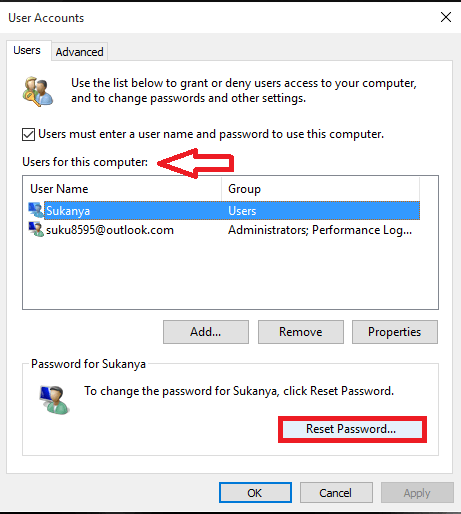 Wählen Sie die Option Passwort zurücksetzen