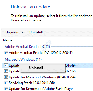 Programmes et fonctionnalités du panneau de configuration Désinstaller une mise à jour Cliquez avec le bouton droit sur Désinstaller