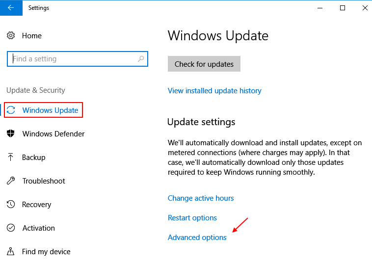설정 업데이트 보안 Windows 10 고급 옵션