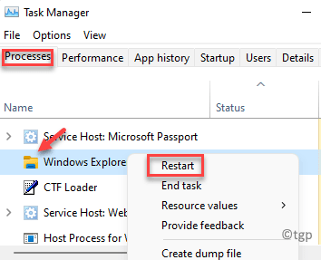 แท็บกระบวนการจัดการงาน Windows Explorer คลิกขวา รีสตาร์ท Min