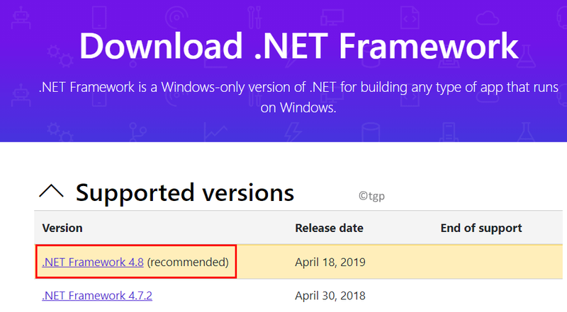 Página de descarga de Microsoft .net Mín.