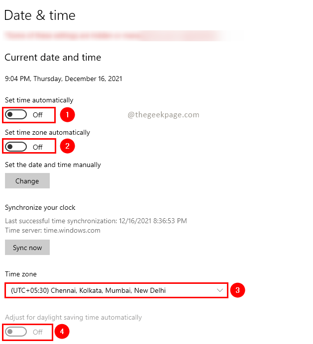 Configurações de data e hora Mín.