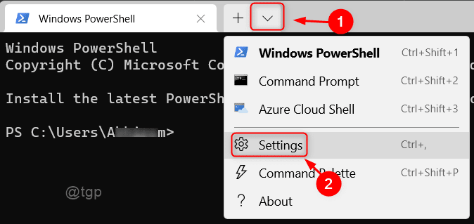 Atidarykite „Nustatymai“ „Windows Terminal Win11“.