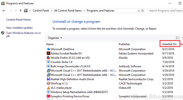 Ordnen Sie nach dem Installationsdatum an