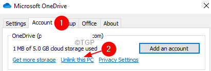 Guia da conta de configurações do Onedrive Desvincular este PC