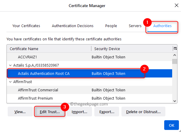 Administrador de certificados de Firefox Editar confianza para el certificado en cuestión Mín.