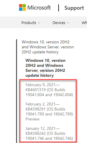 ประวัติการอัปเดต Windows ด้านซ้าย มองหาการอัปเดตล่าสุดตามเวอร์ชัน Windows และ Os Build