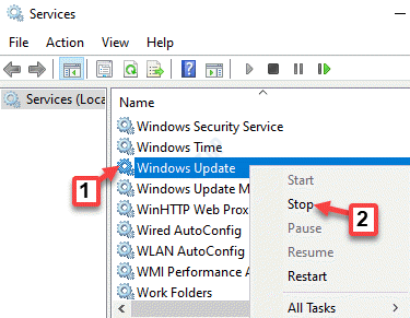บริการ Windows Update คลิกขวา หยุด