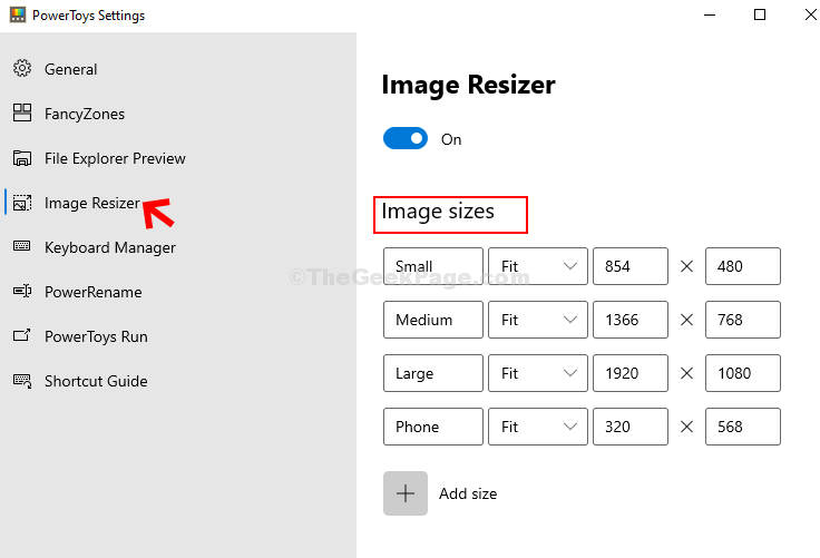 Image Resizer는 기본 설정에 따라 값을 설정합니다.