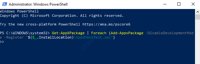 Windows Powershell (ผู้ดูแลระบบ) เรียกใช้คำสั่งเพื่อลงทะเบียนแอปทั้งหมดอีกครั้ง Enter