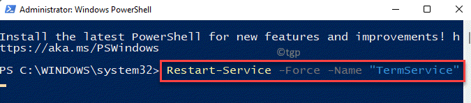 „Windows Powershell“ (administratorius) Vykdykite komandą, kad iš naujo paleistumėte Rdp Įveskite min