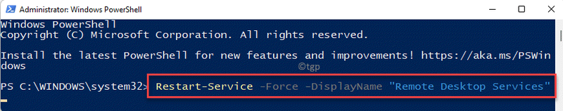 „Windows Powershell“ (administratorius) Vykdykite komandą, kad iš naujo paleistumėte Rdp Alternatyvi komanda Įveskite min