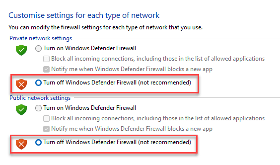 Beállítások testreszabása Privát hálózati beállítások A Windows Defender tűzfal be- és kikapcsolása Nyilvános hálózati beállítások A Windows Defender tűzfal be- vagy kikapcsolása Ok Min.