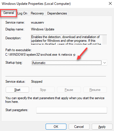 Windows Update tulajdonságai Általános Indítási típus Automatikus Alkalmazás Ok