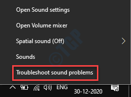 Icono de altavoz de la barra de tareas Clic derecho Solucionar problemas de sonido
