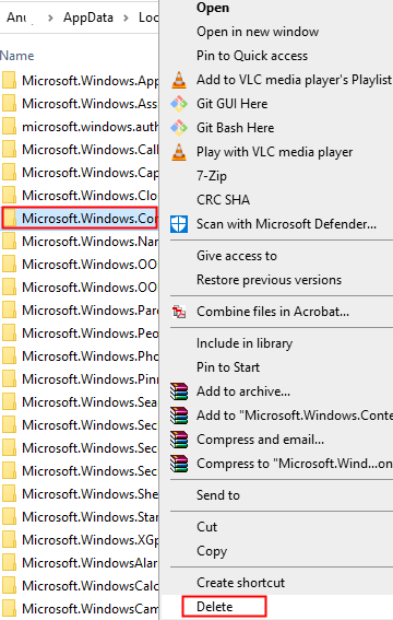 Törölje a Windows Cortana mappát