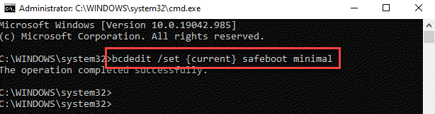 พรอมต์คำสั่ง (ผู้ดูแลระบบ) เรียกใช้คำสั่งสำหรับ Safeboot Minimal Enter