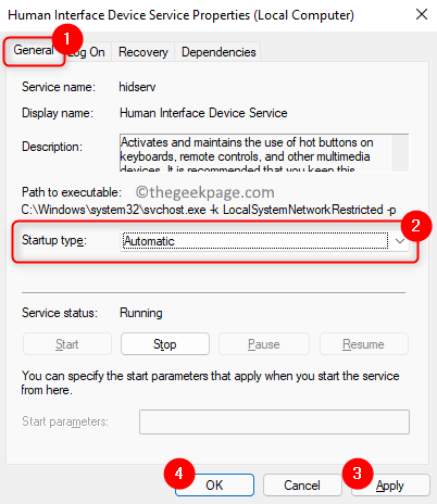 Cambiar tipo de inicio Dispositivo de interfaz humana Servicio mín.