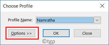 Elija las opciones de perfil de Outlook Min