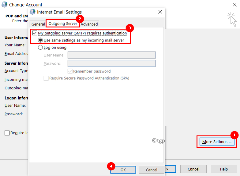 Cambiar cuenta Más configuraciones Servidor saliente Mín.