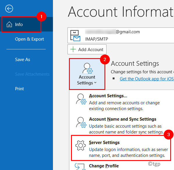 Configuración mínima del servidor de cuentas de Outlook