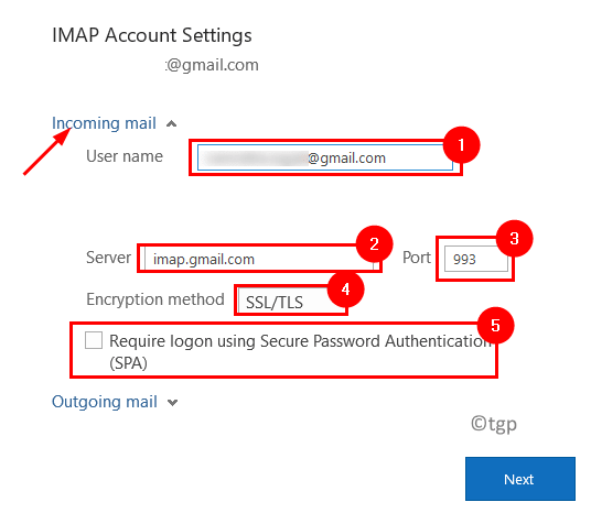 Outlook Imap Configuración de correo entrante Mín.