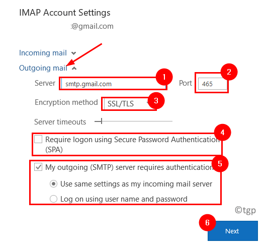 Configuración mínima de correo saliente de Outlook Imao