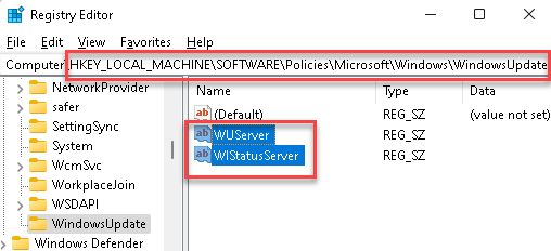 Editor databázy Registry Prejdite na kľúč Windows Update Odstrániť hodnoty reťazca Wuserver a Wistatusserver