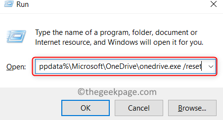 Exécutez la commande de réinitialisation Localappdata Onedrive Min
