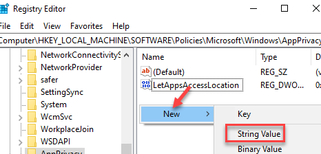 Registry Editor Appprivacy ด้านขวา คลิกขวา New String Value