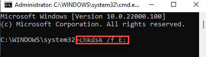 Komandų eilutė (administratorius) Paleiskite Chkdsk komandą Enter