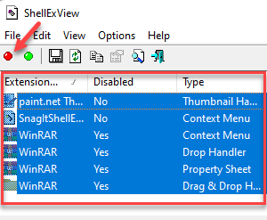 Shellexview Ctrl + A plėtinių raudonas mygtukas