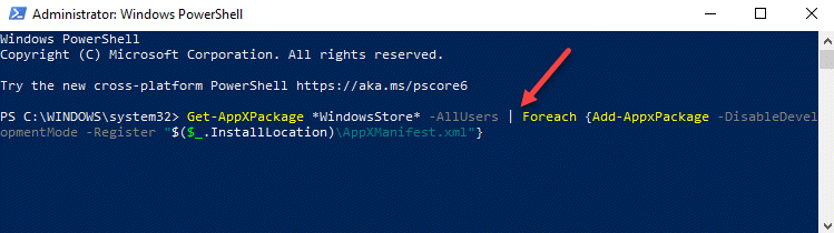 Windows Powershell (المسؤول) قم بتشغيل الأمر لإعادة تثبيت متجر Microsoft أدخل