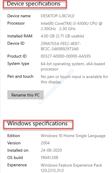 Configuración del sistema Acerca de las especificaciones del dispositivo Especificación de Windows