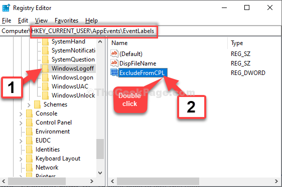 Registriredaktoris navigeerige teele Windowslogoff, välja arvatud topeltklõps