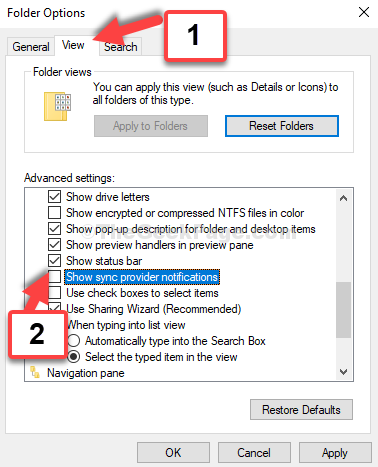 Options des dossiers Onglet Affichage Décocher Afficher les notifications du fournisseur de synchronisation Appliquer OK