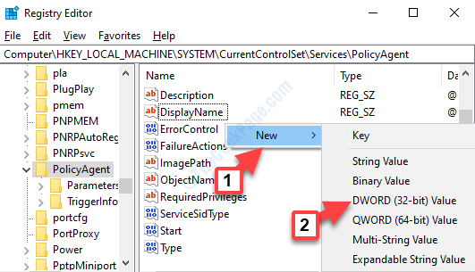 Editor del registro di sistema Passa al percorso Lato destro Fare clic con il pulsante destro del mouse su Nuova Dword (32 bit)