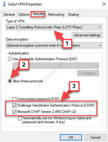 Propiedades de VPN Tipo de seguridad de VPN Permitir estos protocolos Capítulo Ms Capítulo V2