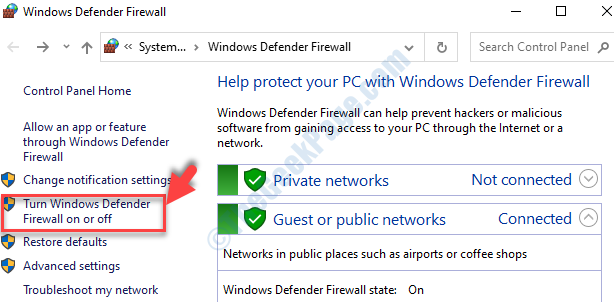 Denetim Masası Sol Taraf Windows Defender Güvenlik Duvarını Açma veya Kapatma