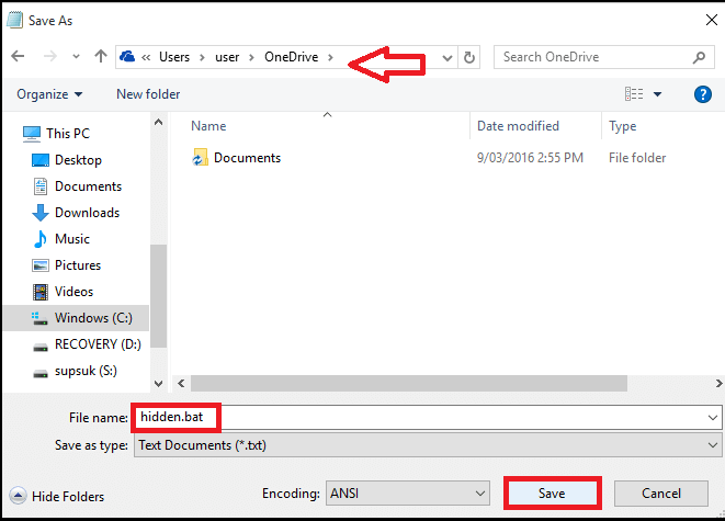 dosyayı hidden.bat biçiminde kaydetme