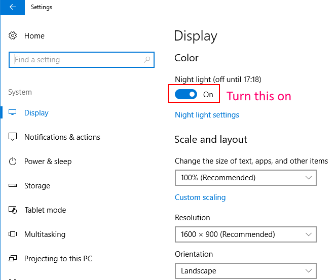 Schakel Nachtlichtinstellingen in Windows 10
