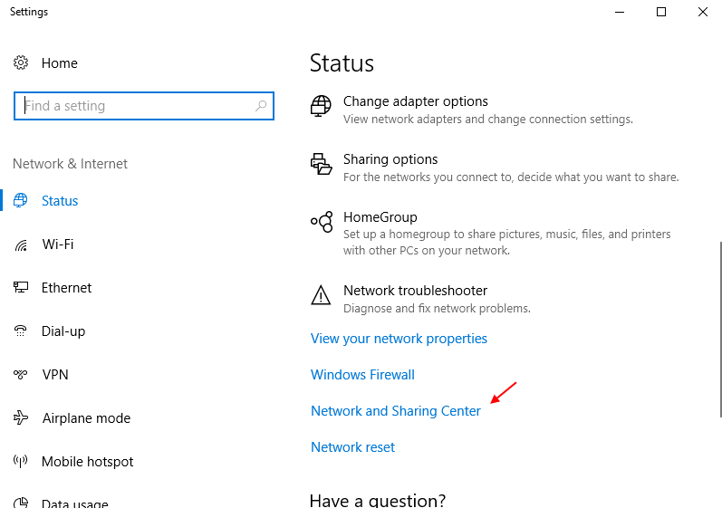 Network Sharing Center Windows 10-Einstellungen App