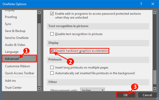 تعطيل الأجهزة Accln Onenote